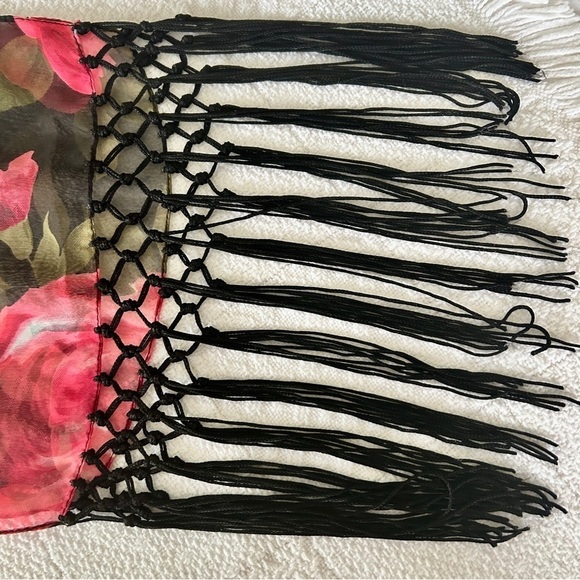 Oblong Scarf Rose Print Pink Black Green Floral Print Fringe Vintage 1990s - Picture 10 of 14